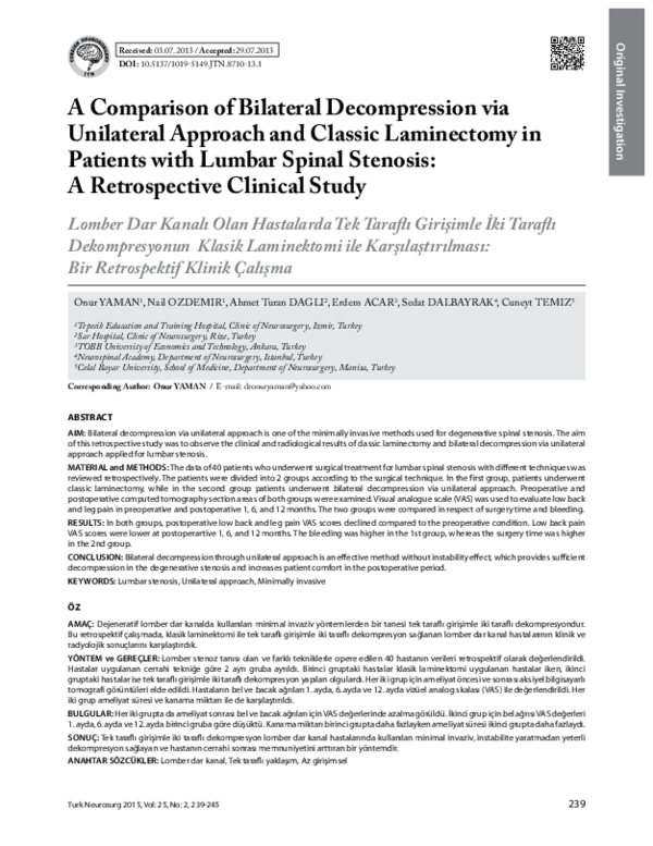 (PDF) A comparison of bilateral decompression via unilateral approach ...