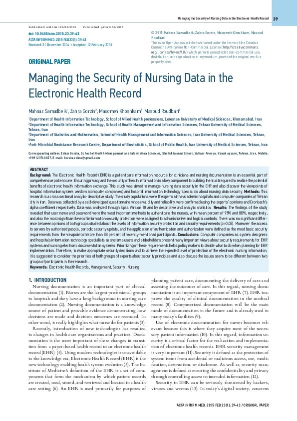 (PDF) Managing the Security of Nursing Data in the Electronic Health Record