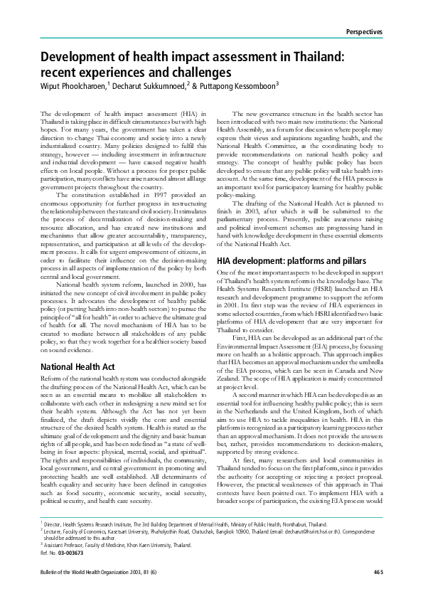 (PDF) Development of health impact assessment in Thailand: recent ...