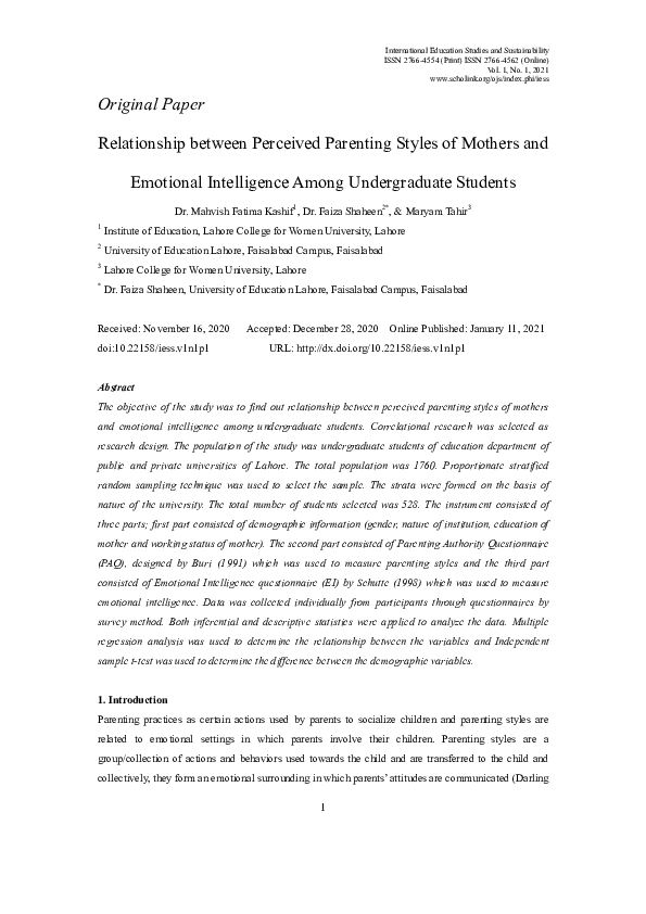(PDF) Relationship between Perceived Parenting Styles of Mothers and ...