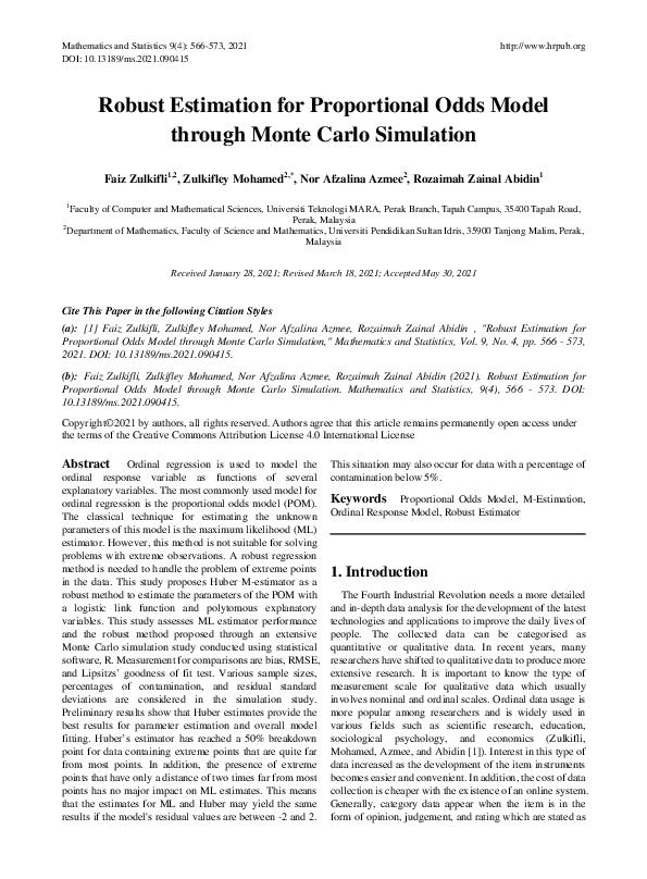 (PDF) Robust Estimation for Proportional Odds Model through Monte Carlo ...
