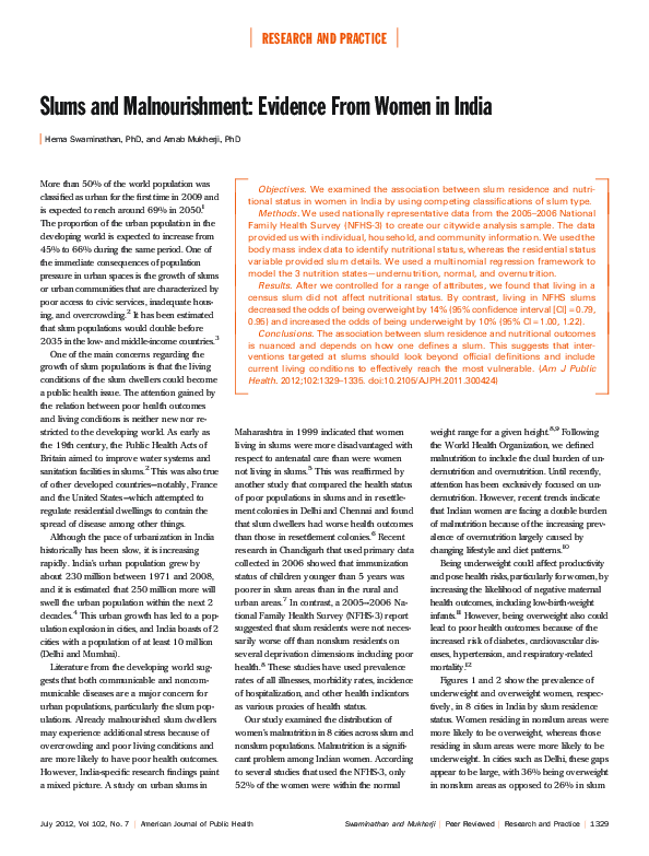 (PDF) Slums and Malnourishment: Evidence From Women in India