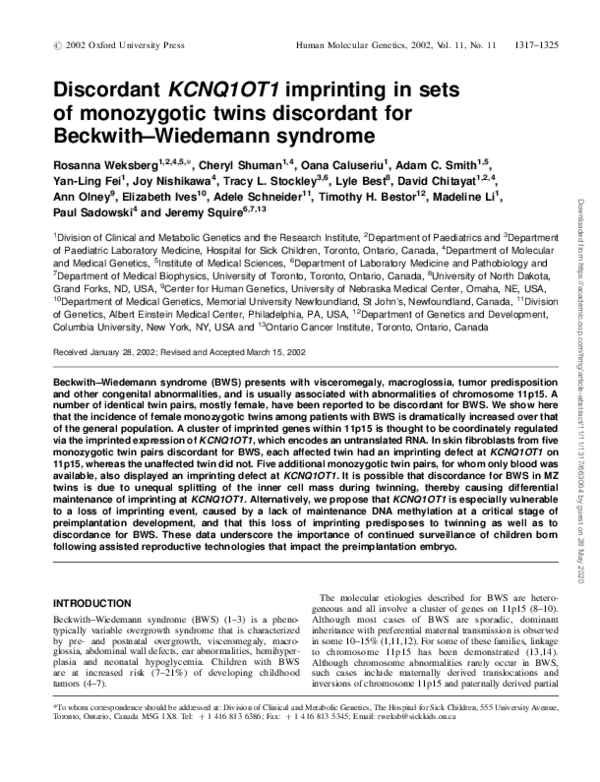 (PDF) Discordant KCNQ1OT1 imprinting in sets of monozygotic twins ...