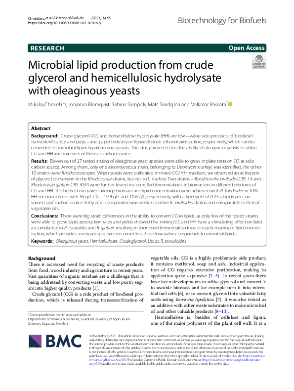 (PDF) Microbial lipid production from crude glycerol and hemicellulosic ...