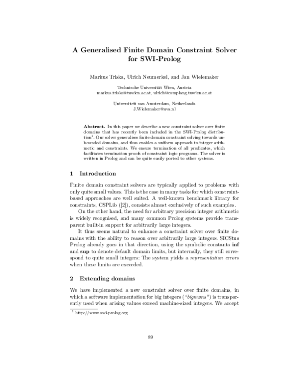 (PDF) A generalised finite domain constraint solver for SWI-Prolog
