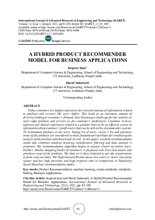 (PDF) A HYBRID PRODUCT RECOMMENDER MODEL FOR BUSINESS APPLICATIONS