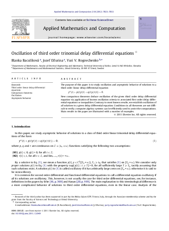 (PDF) Oscillation of third order trinomial delay differential equations