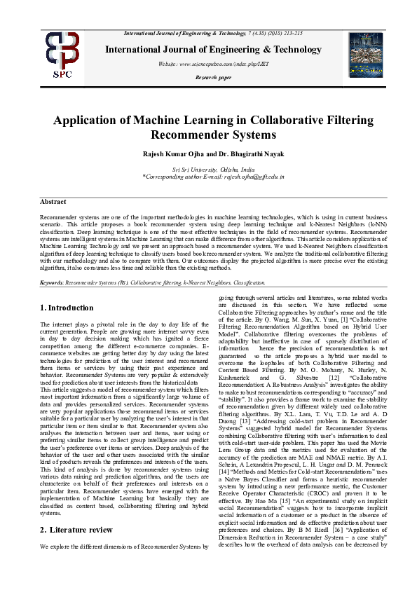(PDF) Application of Machine Learning in Collaborative Filtering ...