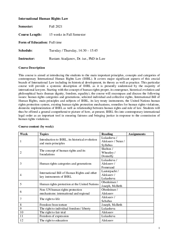 (PDF) International Human Rights Law - Course Syllabus (Undergraduate ...