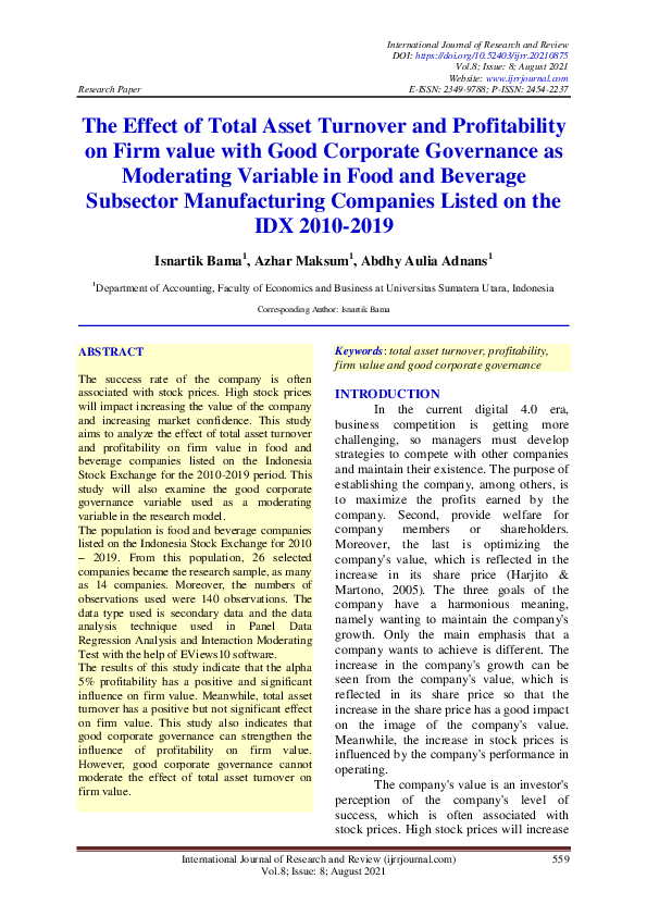 (PDF) The Effect of Total Asset Turnover and Profitability on Firm ...