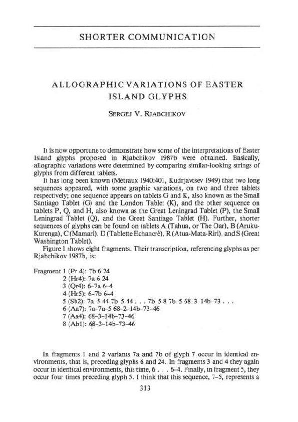 (PDF) Allographic Variations of Easter Island Glyphs