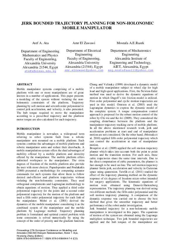 (PDF) Jerk Bounded Trajectory Planning For Non-Holonomic Mobile Manipulator