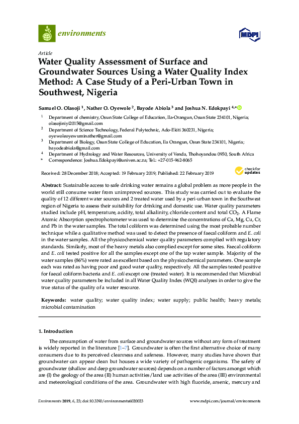 (PDF) Water Quality Assessment of Surface and Groundwater Sources Using ...