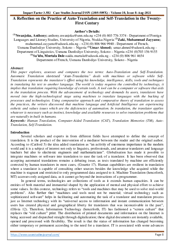 (PDF) A Reflection on the Practice of Auto-Translation and Self ...