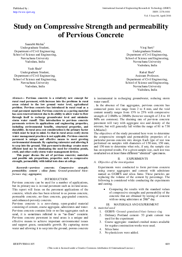 (PDF) Study on Compressive Strength and permeability of Pervious Concrete
