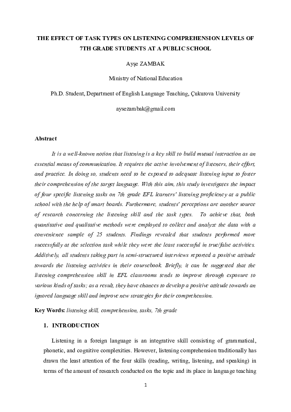 (DOC) THE EFFECT OF TASK TYPES ON LISTENING COMPREHENSION LEVELS OF 7TH ...