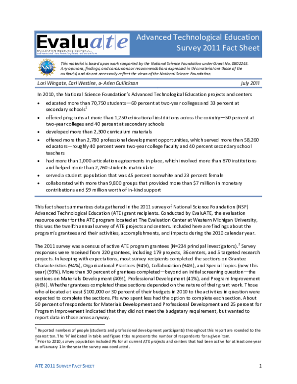 (PDF) Advanced Technological Education Survey 2011 Fact Sheet