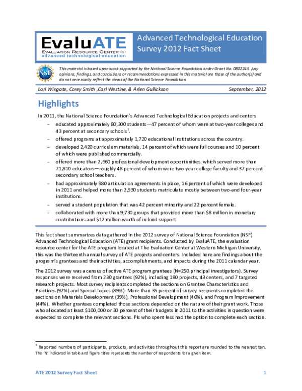 (PDF) Advanced Technological Education Survey 2012 Fact Sheet