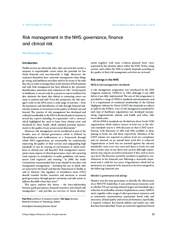 (PDF) Risk management in the NHS: governance, finance and clinical risk