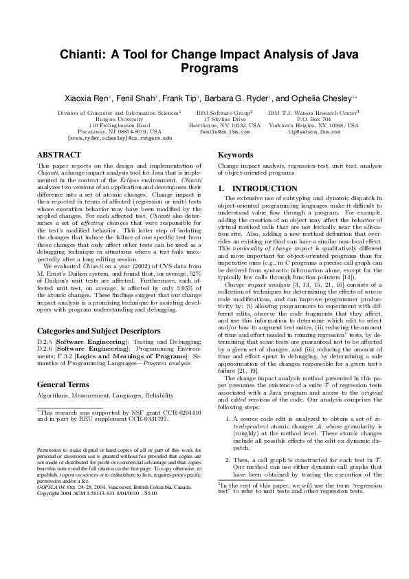 (PDF) Chianti (a tool for change impact analysis of java programs)