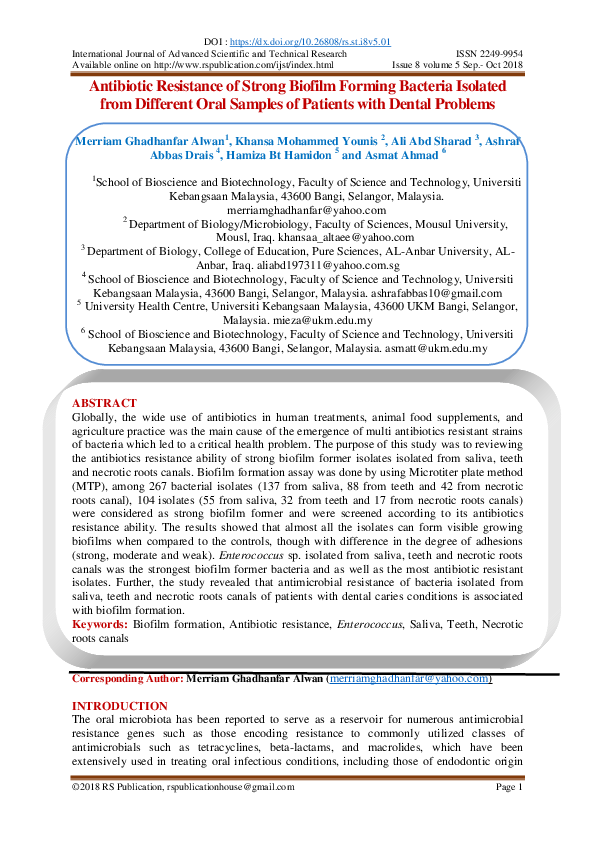 (PDF) Antibiotic Resistance of Strong Biofilm Forming Bacteria Isolated ...