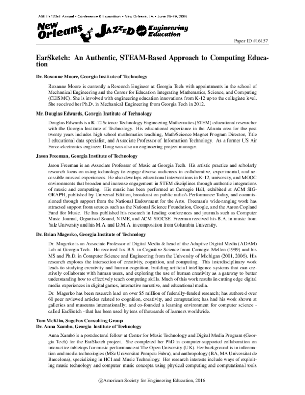 (PDF) EarSketch: An Authentic, STEAM-Based Approach to Computing Education