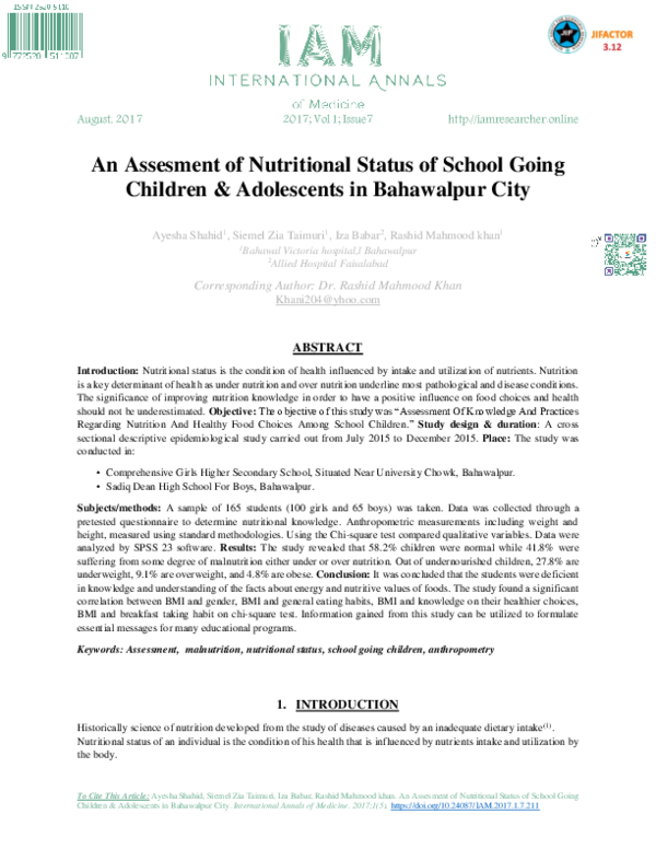 (PDF) An Assesment of Nutritional Status of School Going Children ...