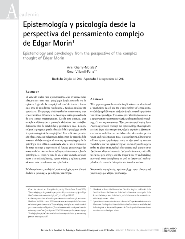  PDF Epistemolog a Y Psicolog a Desde La Perspectiva Del Pensamiento 