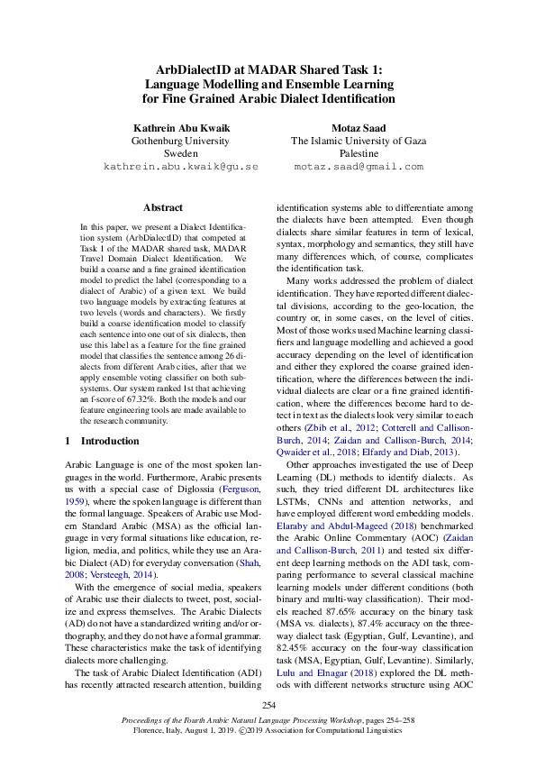 (PDF) Mawdoo3 AI at MADAR Shared Task Arabic FineGrained Dialect