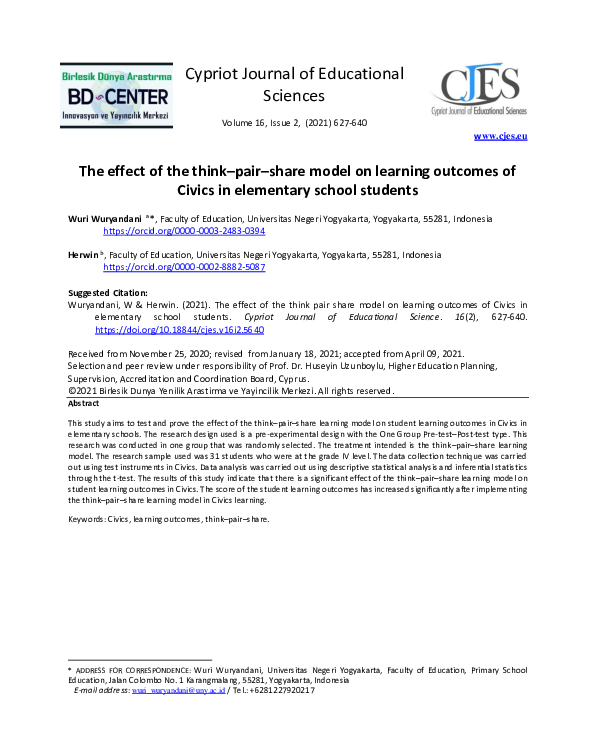 (PDF) The effect of the think-pair-share model on learning outcomes of ...