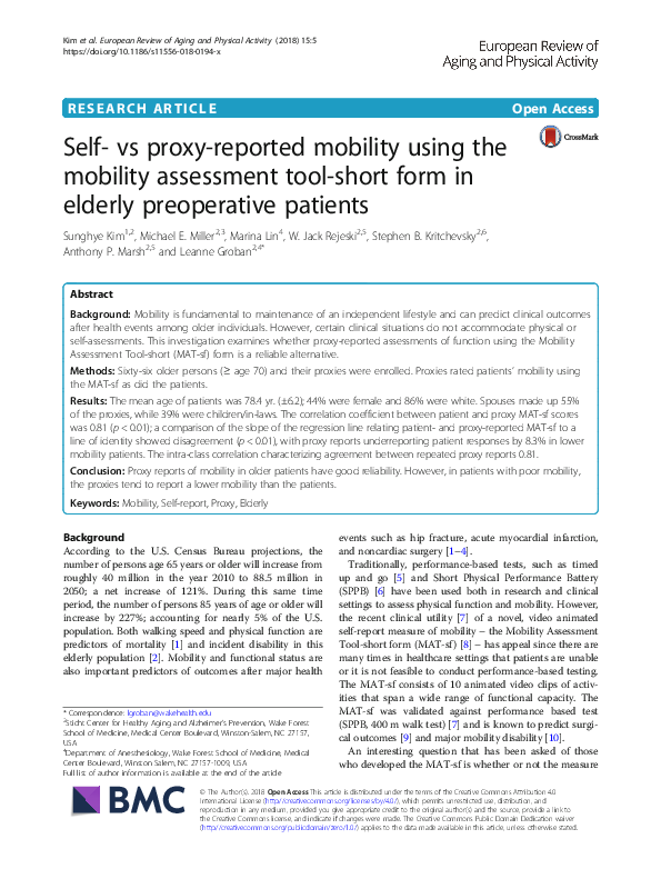 (PDF) Self- vs proxy-reported mobility using the mobility assessment ...