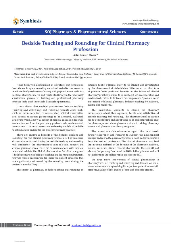 (PDF) Bedside Teaching and Rounding for Clinical Pharmacy Profession