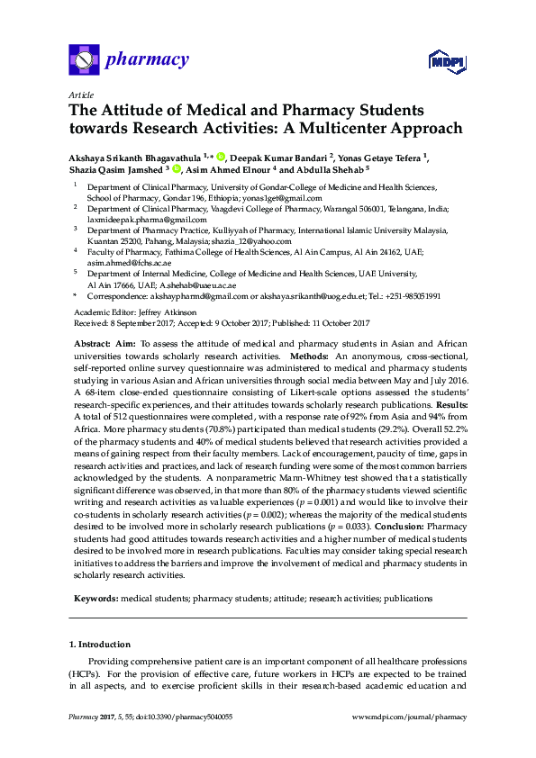 (PDF) The Attitude of Medical and Pharmacy Students towards Research ...