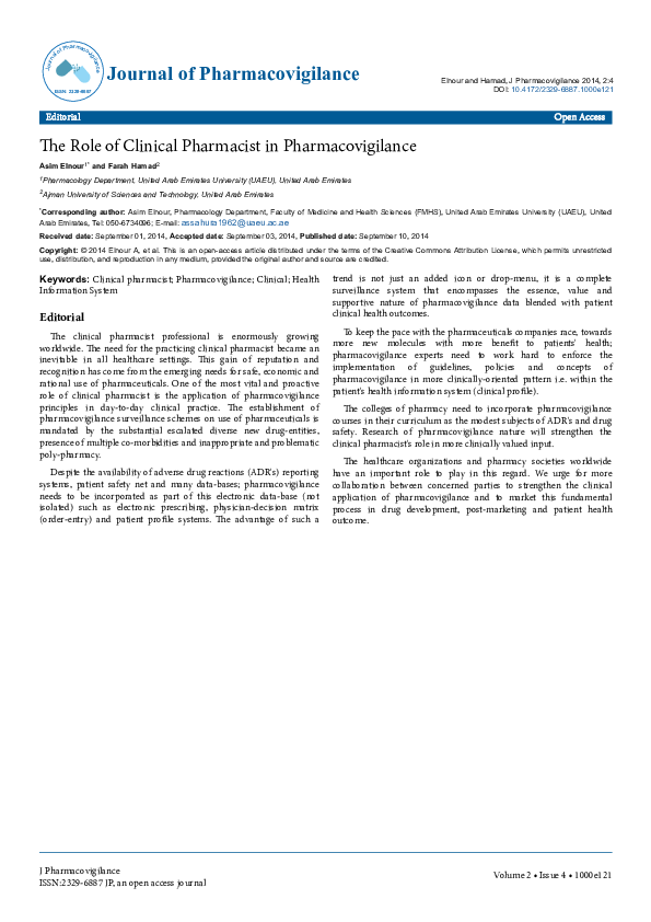 (PDF) The Role of Clinical Pharmacist in Pharmacovigilance