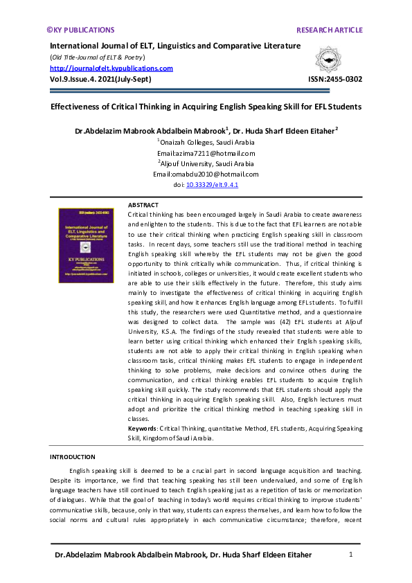 (PDF) Effectiveness of Critical Thinking in Acquiring English Speaking ...