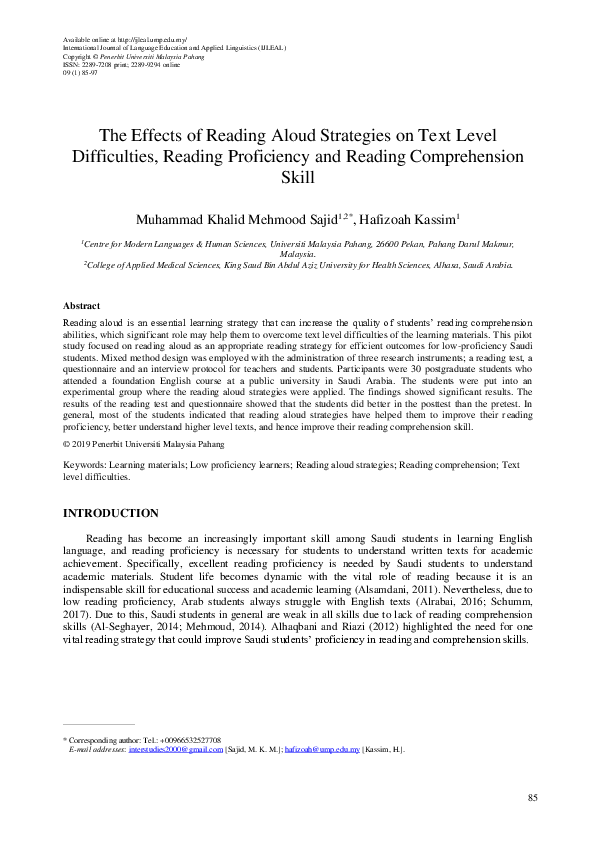 (PDF) The Effects of Reading Aloud Strategies on Text Level ...