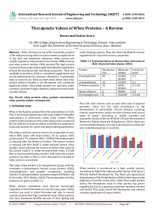 (PDF) IRJET- Therapeutic Values of Whey Proteins -A Review