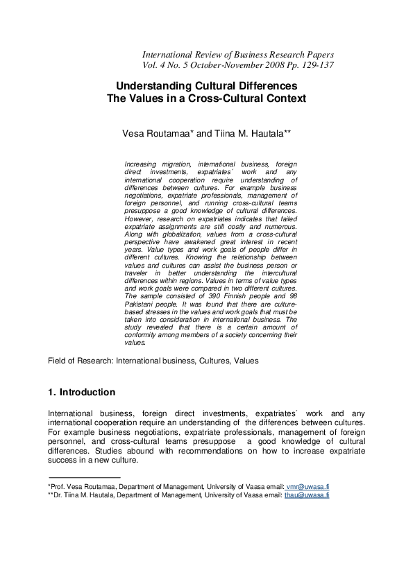 (PDF) Understanding Cultural Differences The Values in a Cross-Cultural ...