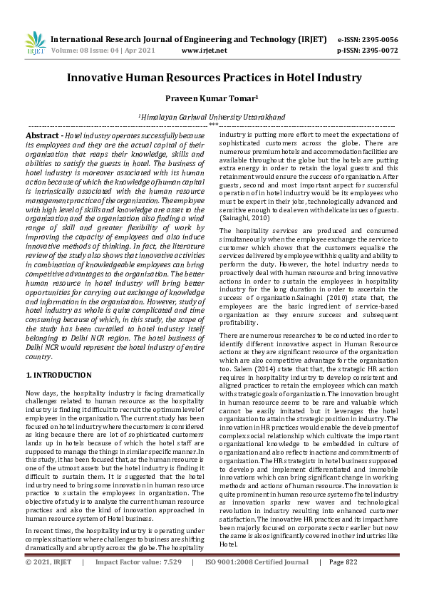 (PDF) IRJET- Innovative Human Resources Practices in Hotel Industry