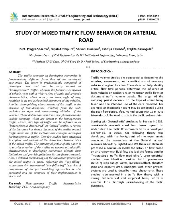 (PDF) IRJET- STUDY OF MIXED TRAFFIC FLOW BEHAVIOR ON ARTERIAL ROAD