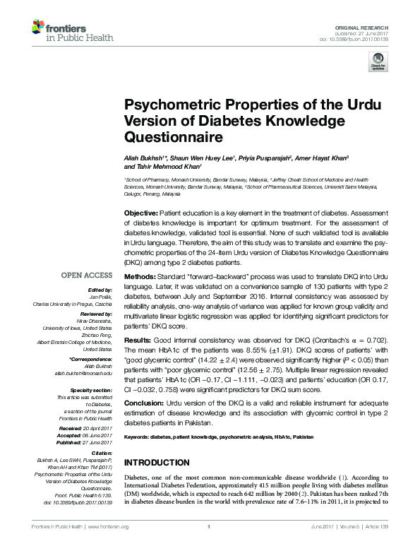 (PDF) Psychometric Properties of the Urdu Version of Diabetes Knowledge ...