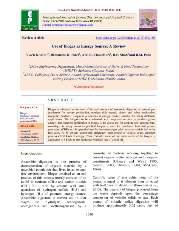 (PDF) Use of Biogas as Energy Source: A Review