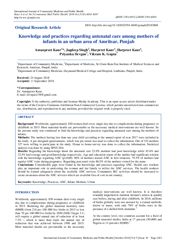 (PDF) Knowledge and practices regarding antenatal care among mothers of ...
