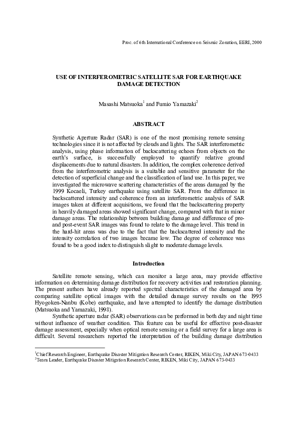 (PDF) Use of Interferometric Satellite Sar for Earthquake Damage Detection
