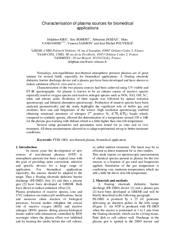 (PDF) Characterisation of plasma sources for biomedical applications