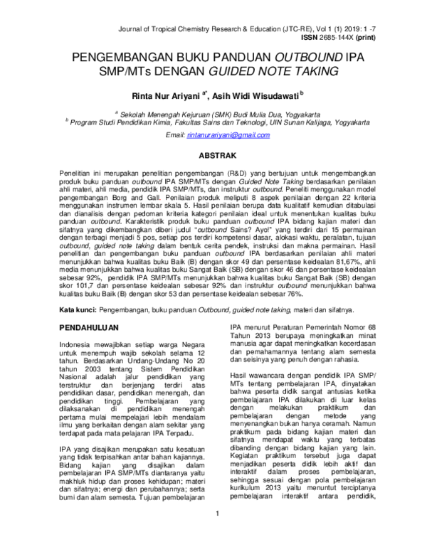 (PDF) Pengembangan Buku Panduan Outbound IPA SMP/MTs dengan Guided Note