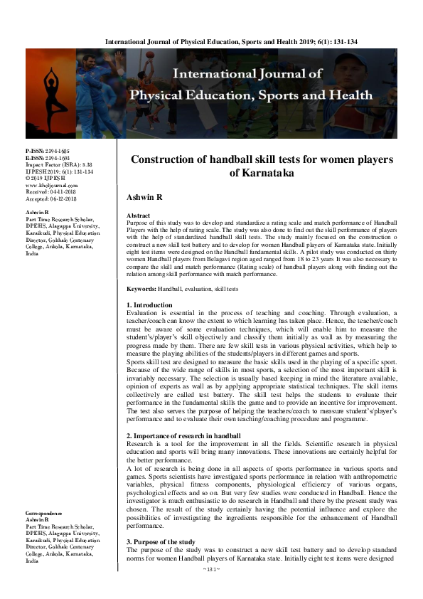 (PDF) Construction of handball skill tests for women players of