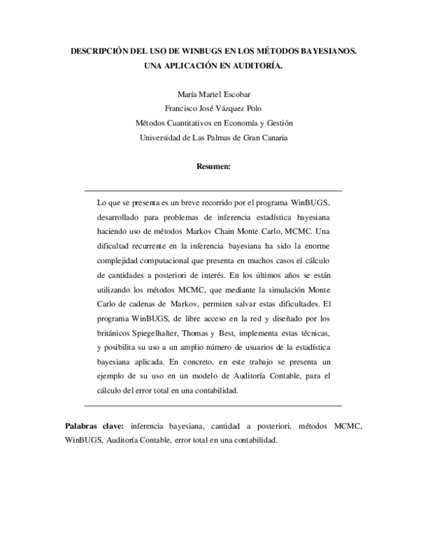 (PDF) Uso de WinBUGS en los métodos bayesianos. Una aplicación en auditoría