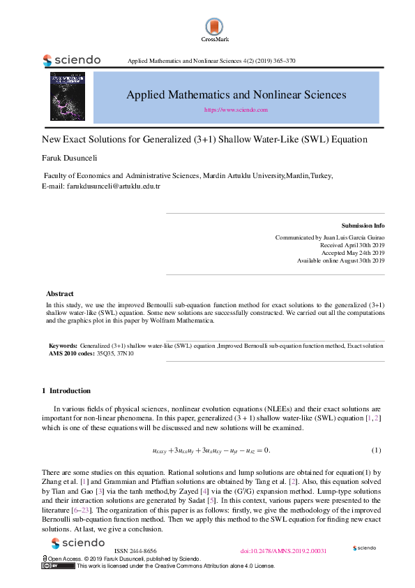 (PDF) New Exact Solutions for Generalized (3+1) Shallow Water-Like (SWL ...