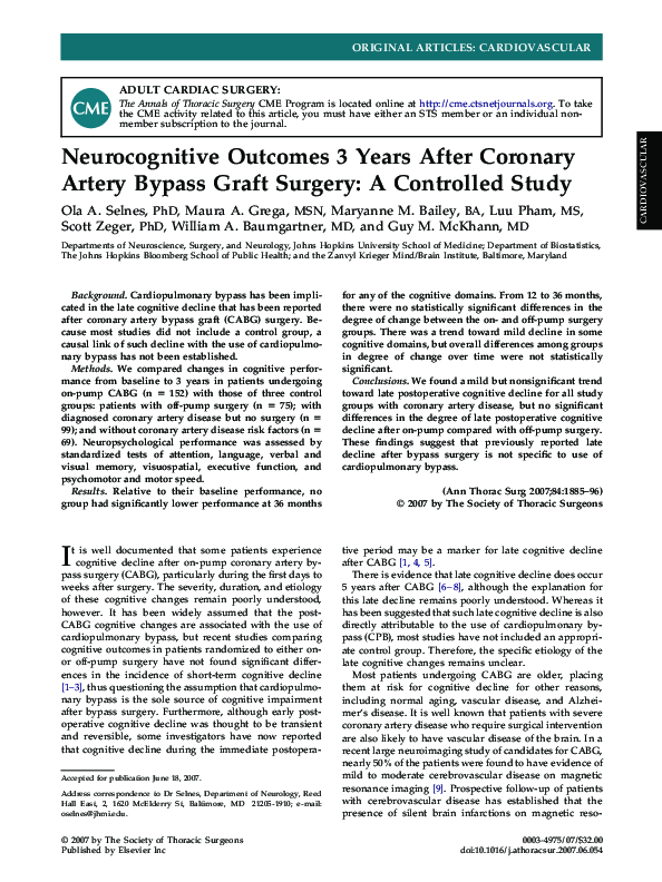 (PDF) Neurocognitive Outcomes 3 Years After Coronary Artery Bypass ...